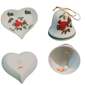 LEFTON CHINA cardinal holly design bell and candy tray heart shaped #8304 #02279